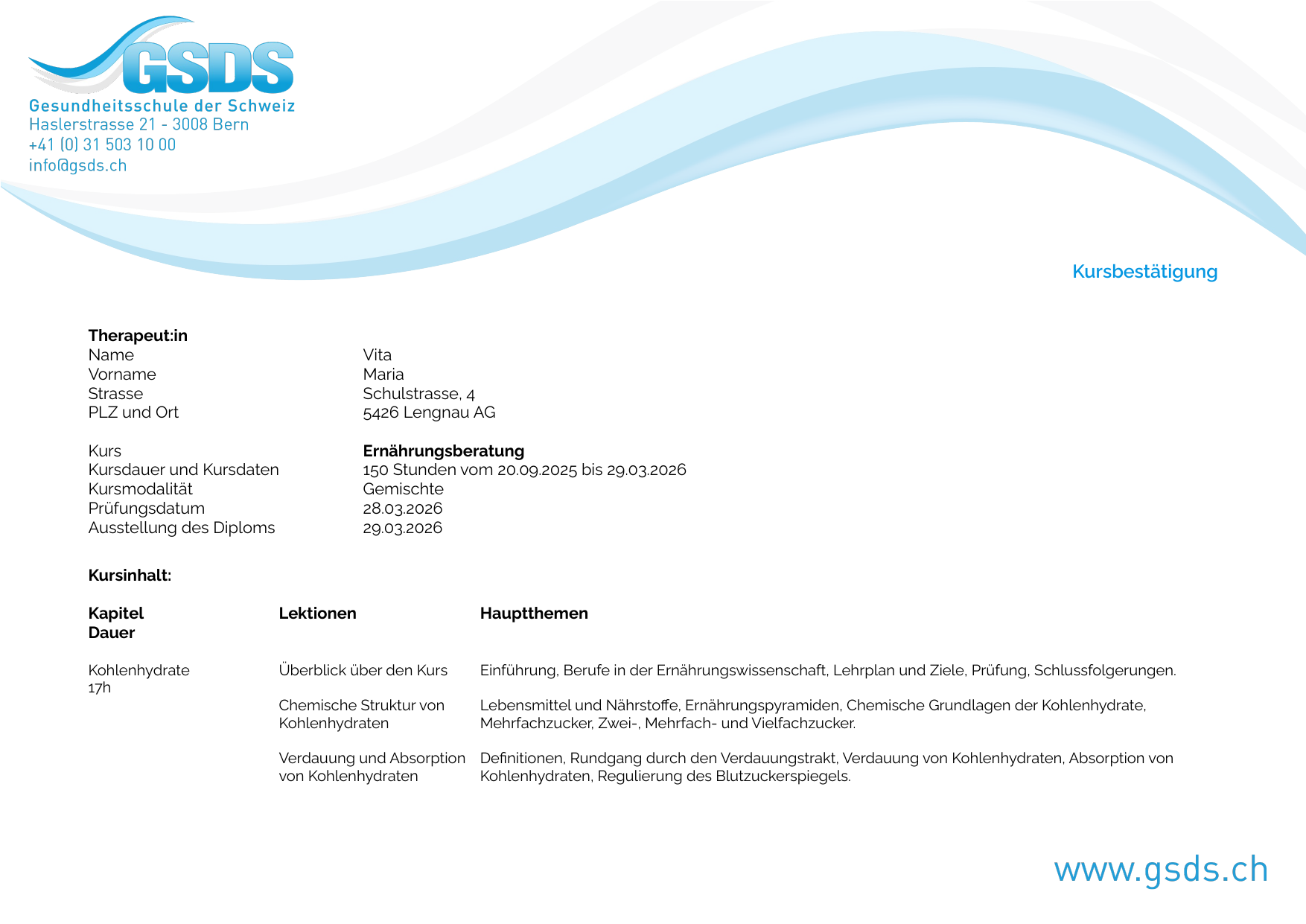 Kursbestätigung Ernährungsberatung GSDS